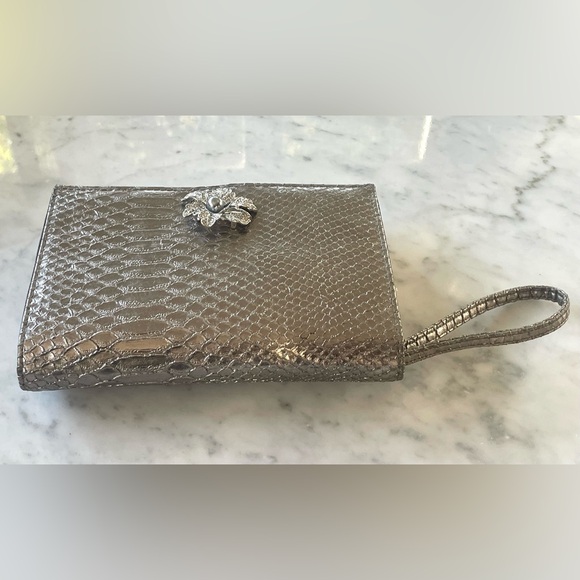 Neiman Marcus Silver Snake-embossed Wristlet, rhinestone & faux pearl accent